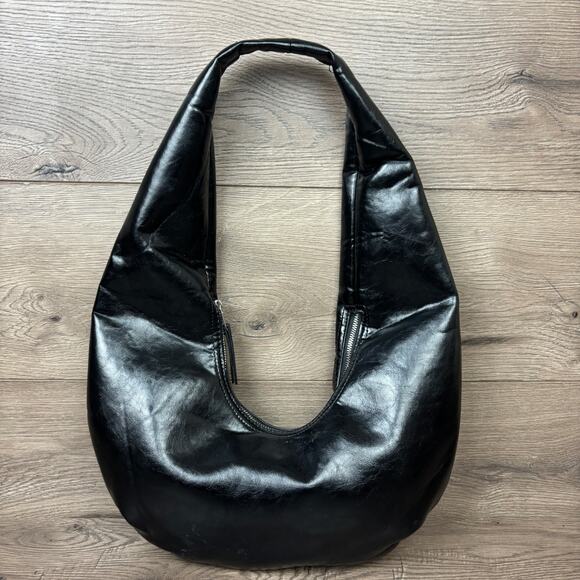 ZARA Shoulder Bag Hobo Black Faux Leather Slouchy Large Tote Purse Zip Closure - Picture 5 of 16